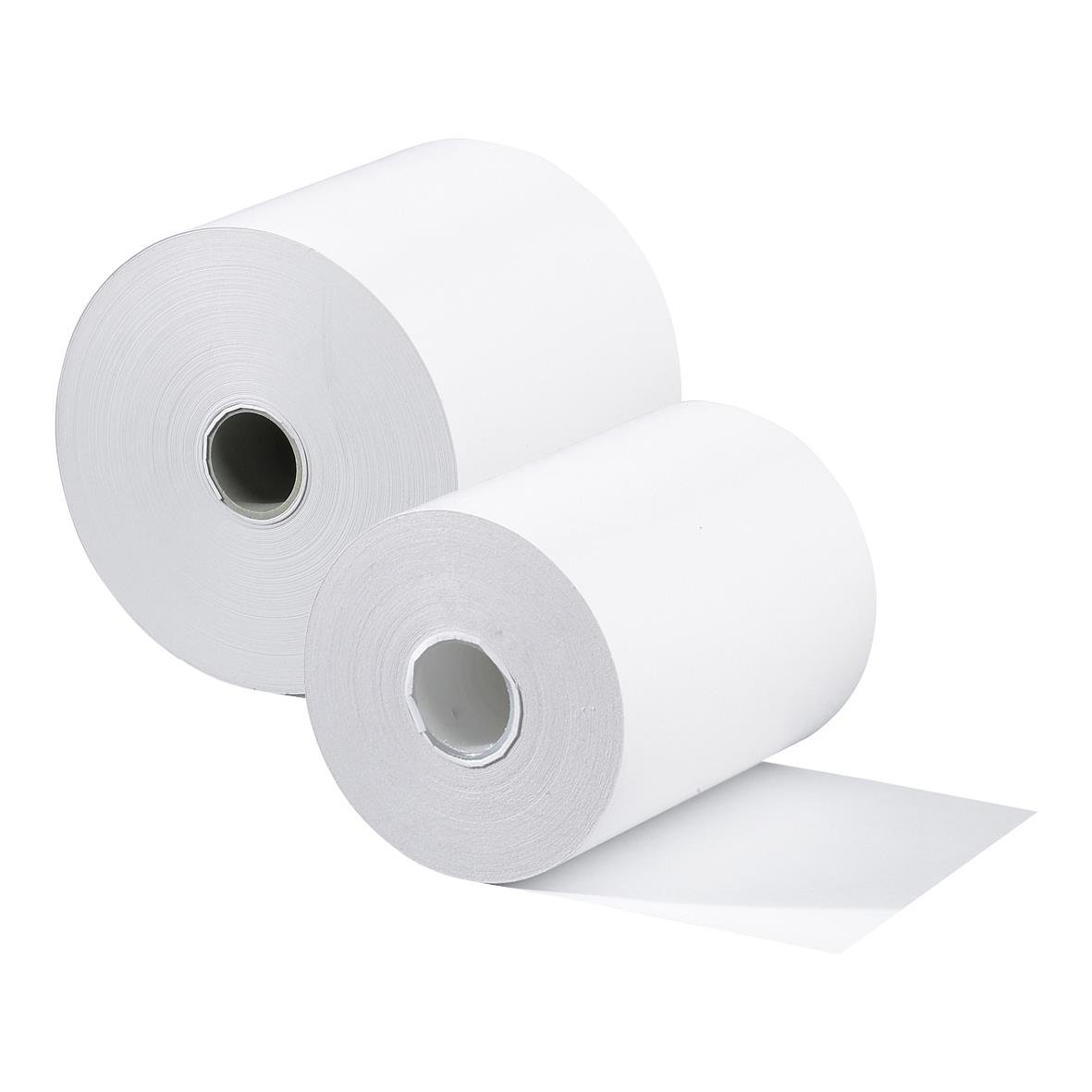 Två vita kassarullar av thermo och bisfenolfri plast, 57mm x 25m, Ø46mm, 48g