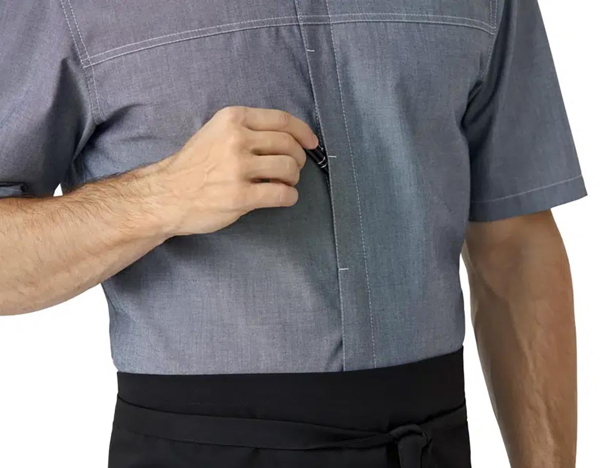 Kock-/serviceskjorta i chambray grå med kort ärm och dragkedja, storlek XS