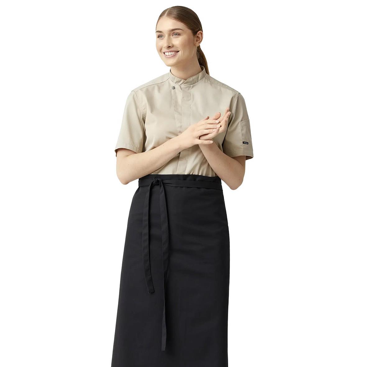 Kockservicejacka Kentaur 23516 Sand 2XS, beige kockjacka med lång ärm och knappar, kombinerad med svart förkläde.