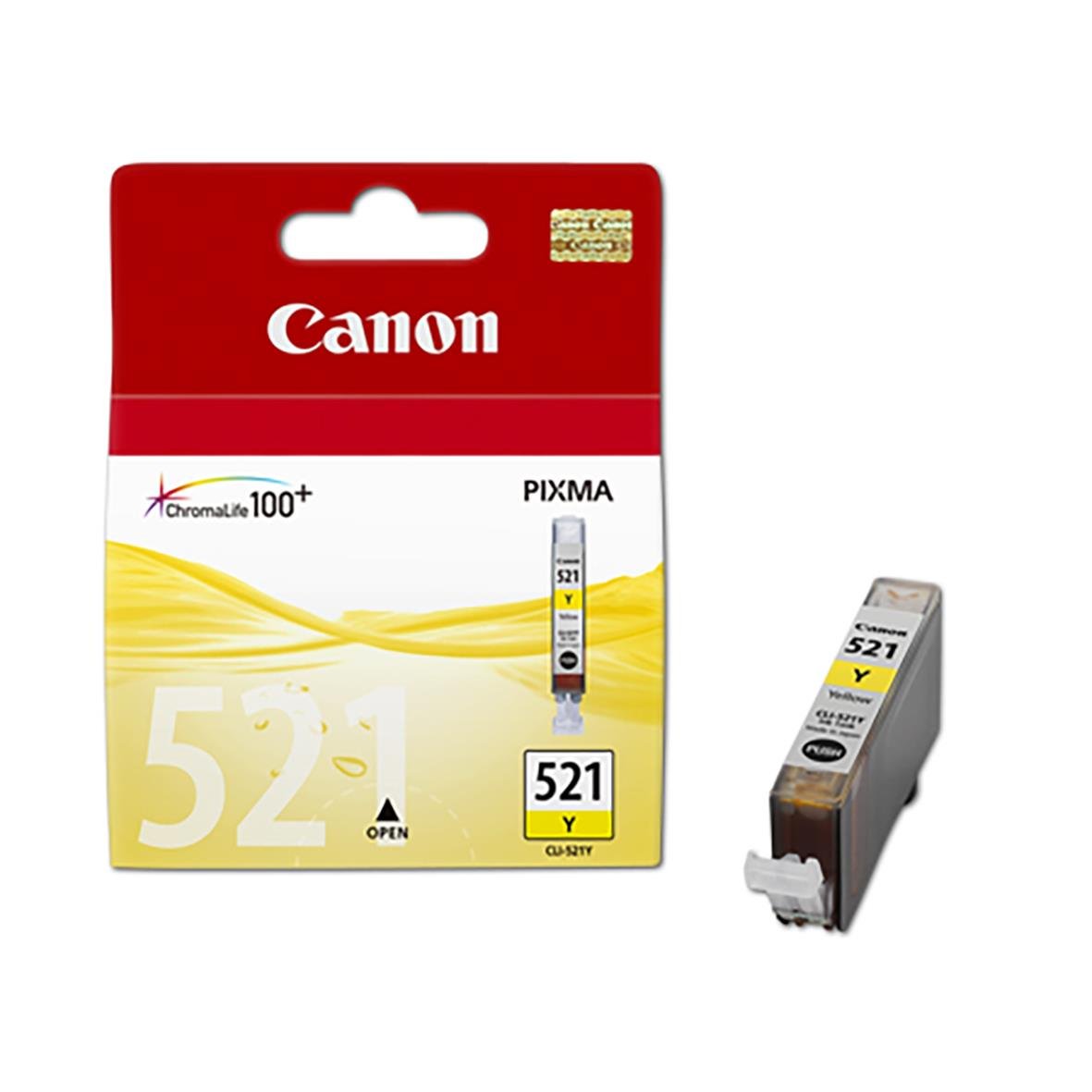 Gul bläckpatron Canon CLI-521Y i förpackning och utanför