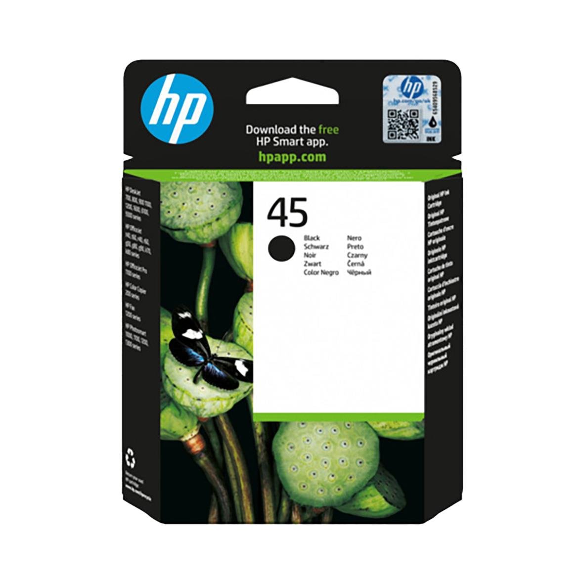 HP No45 svart bläckpatron med bild av groda och gröna växter