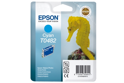 Epson Cyan bläckpatron T0482 med en gul sjöhäst på förpackningen