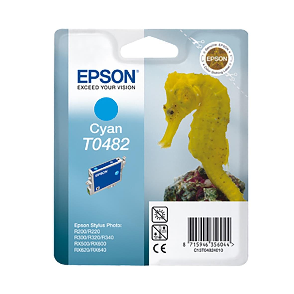 Epson Cyan bläckpatron T0482 med en gul sjöhäst på förpackningen