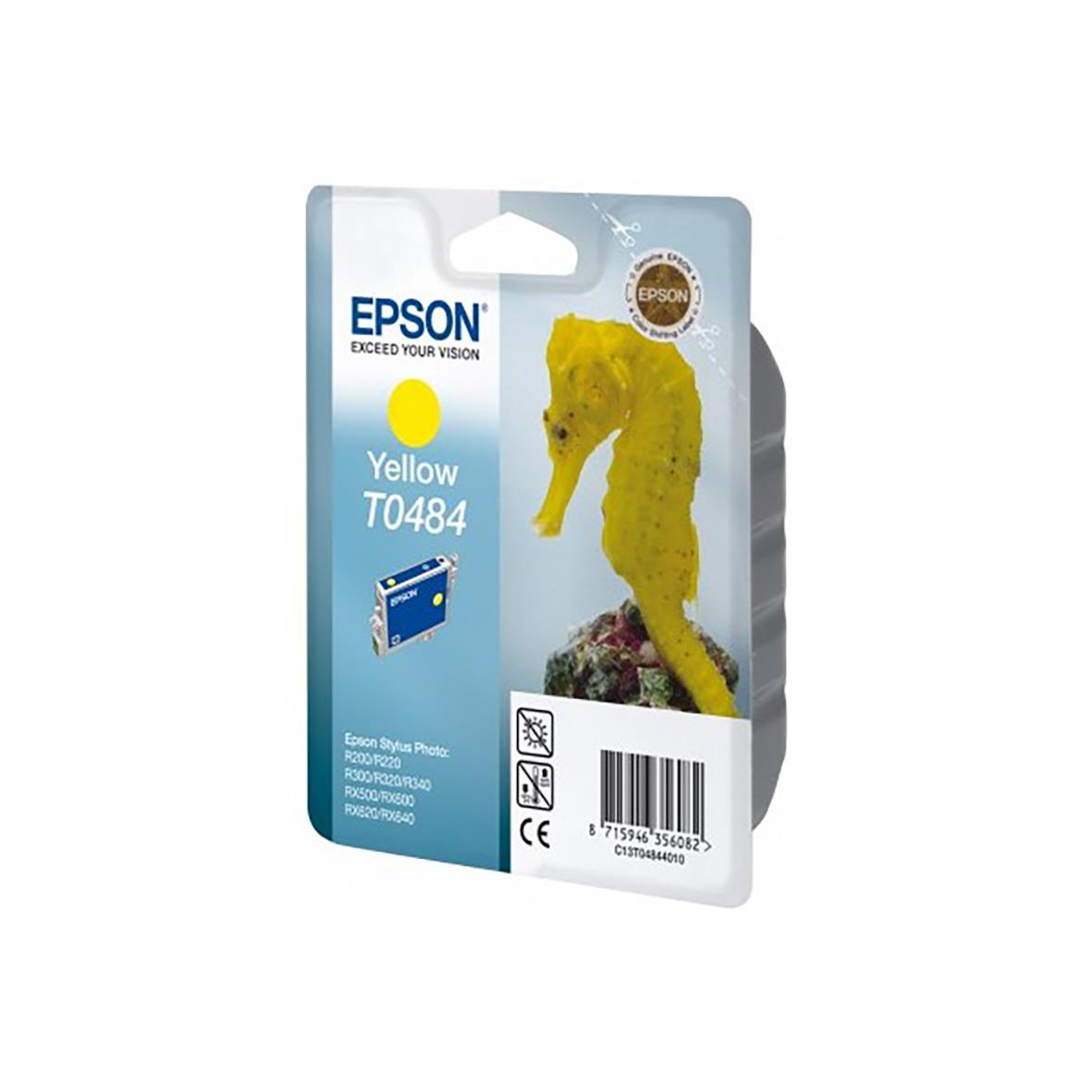 Gult bläckpatron Epson C13T04844010 i förpackning med seahorse på baksidan