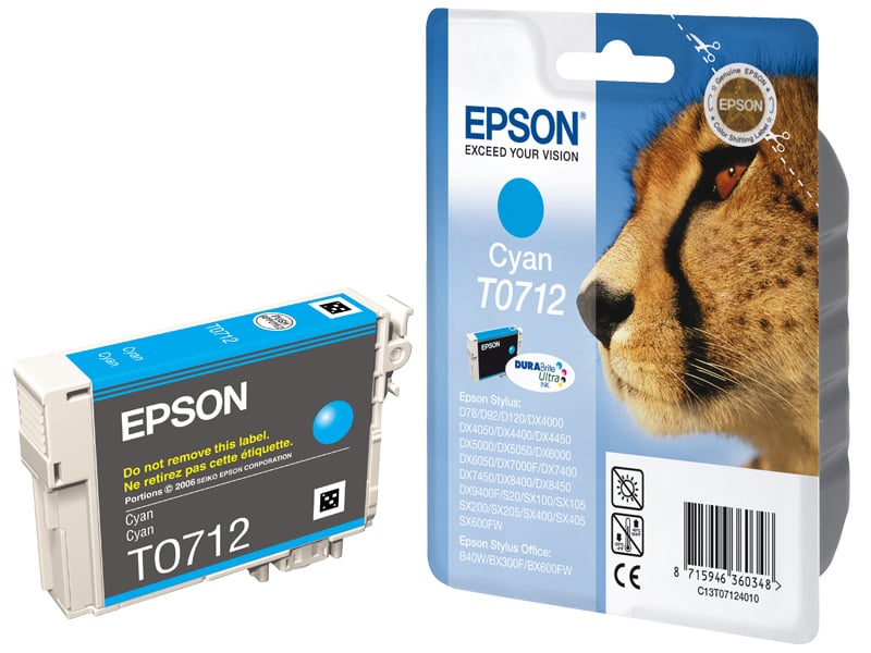 Epson T0712 cyan bläckpatron med bild av ett lejonhuvud på förpackningen