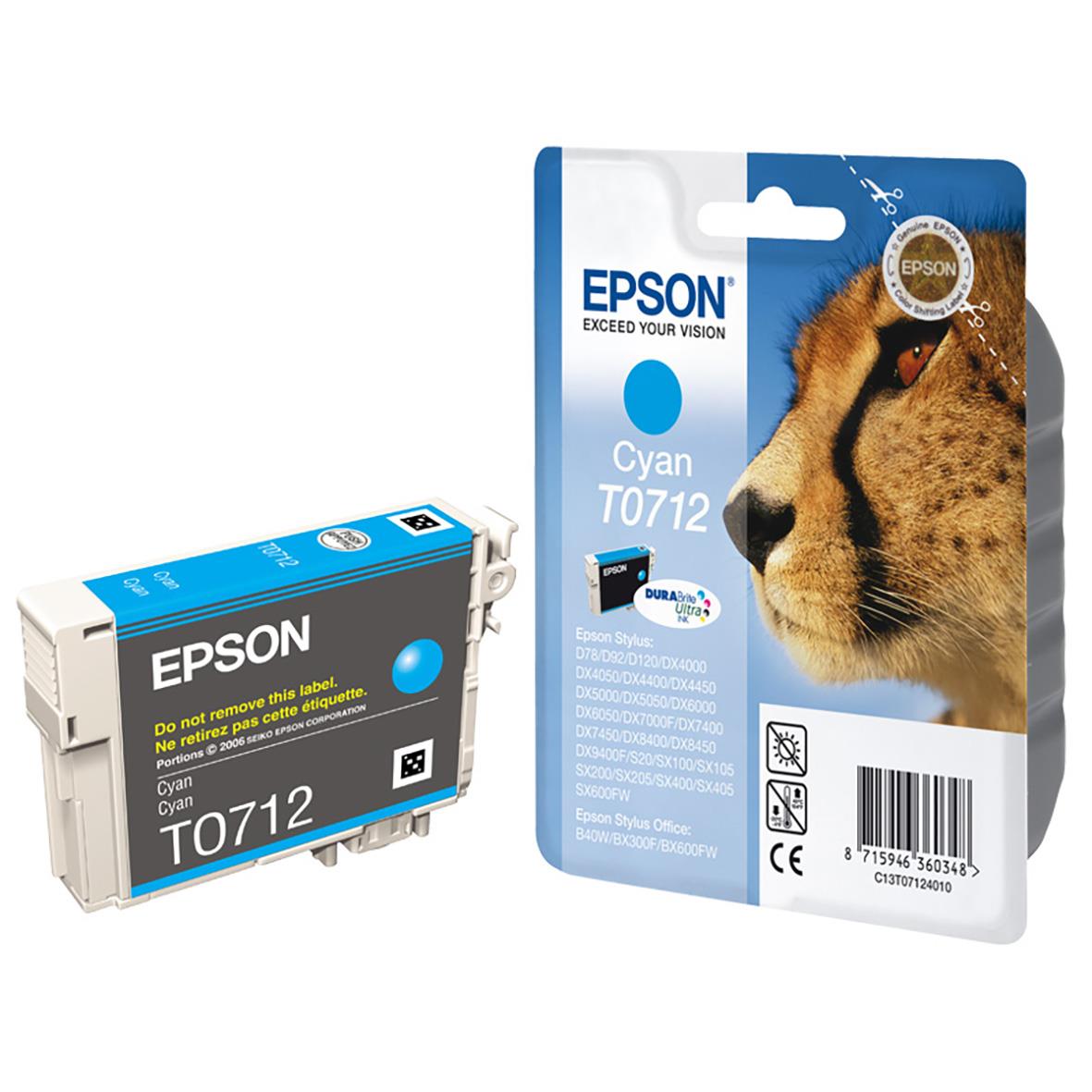 Epson T0712 cyan bläckpatron med bild av ett lejonhuvud på förpackningen