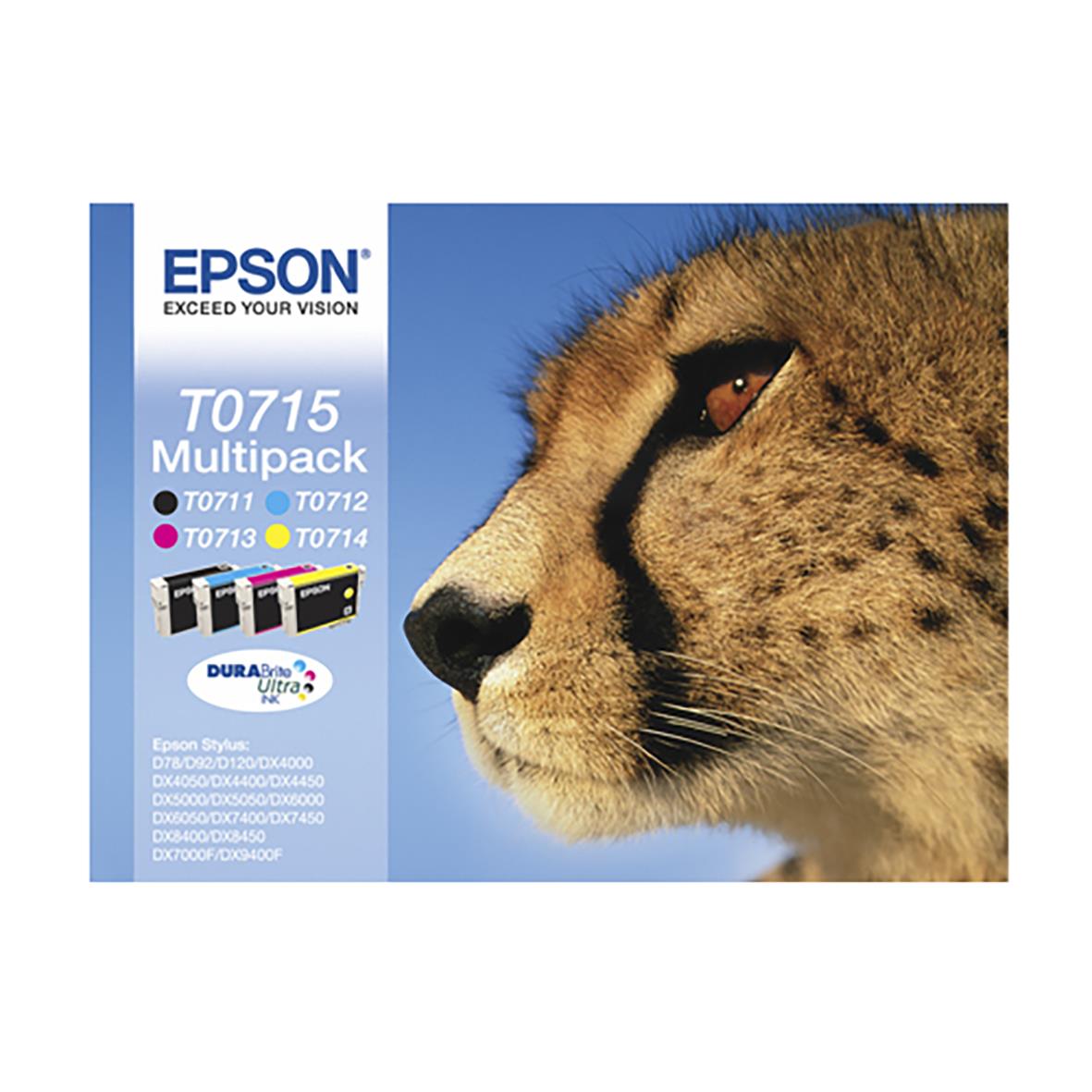 Epson T0715 multipack bläckpatron med CMYK-färger och leopardbild på förpackningen