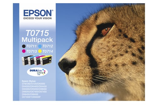 Epson T0715 multipack bläckpatron med CMYK-färger och leopardbild på förpackningen