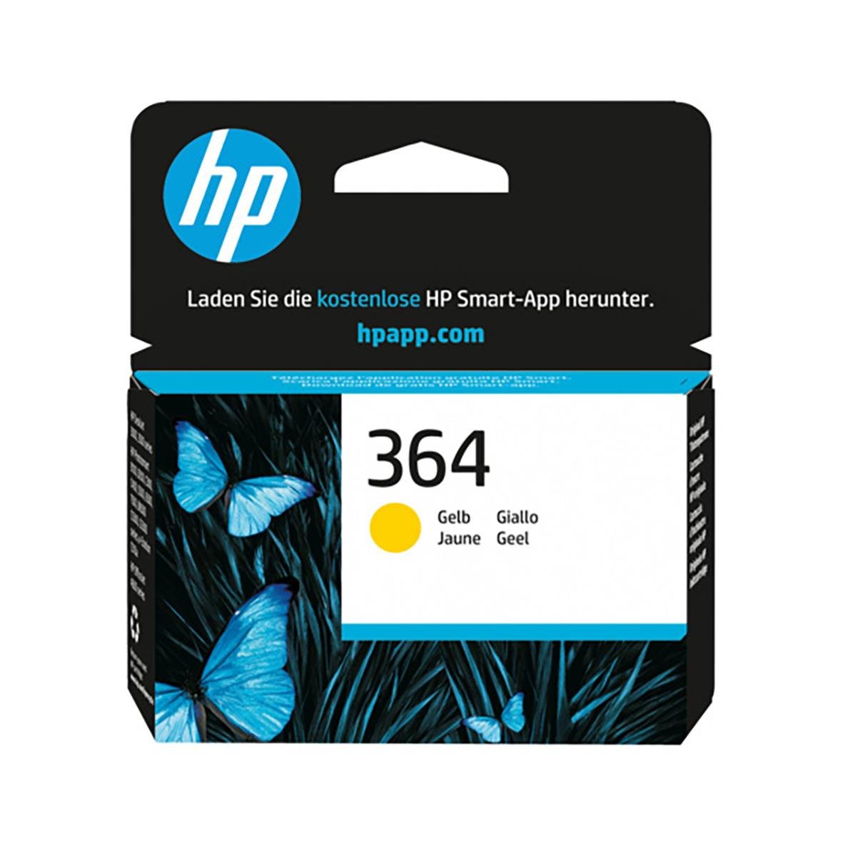 HP 364 gul bläckpatron för 300 sidor med blå fjärilar på förpackningen