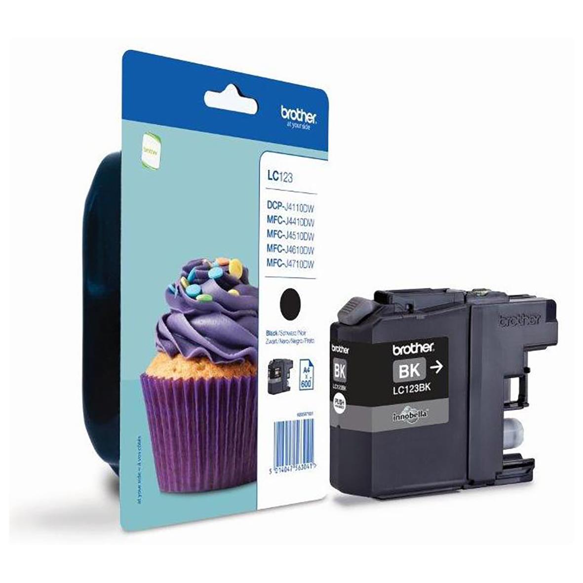 Svart bläckpatron Brother LC123BK för skrivare, kapacitet 600 sidor, i förpackning