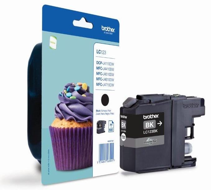 Svart bläckpatron Brother LC123BK för skrivare, kapacitet 600 sidor, i förpackning