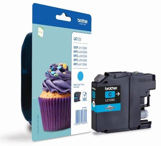 Bläckpatron Brother LC123C Cyan för 600 sidor, med bild av patron och cupcake