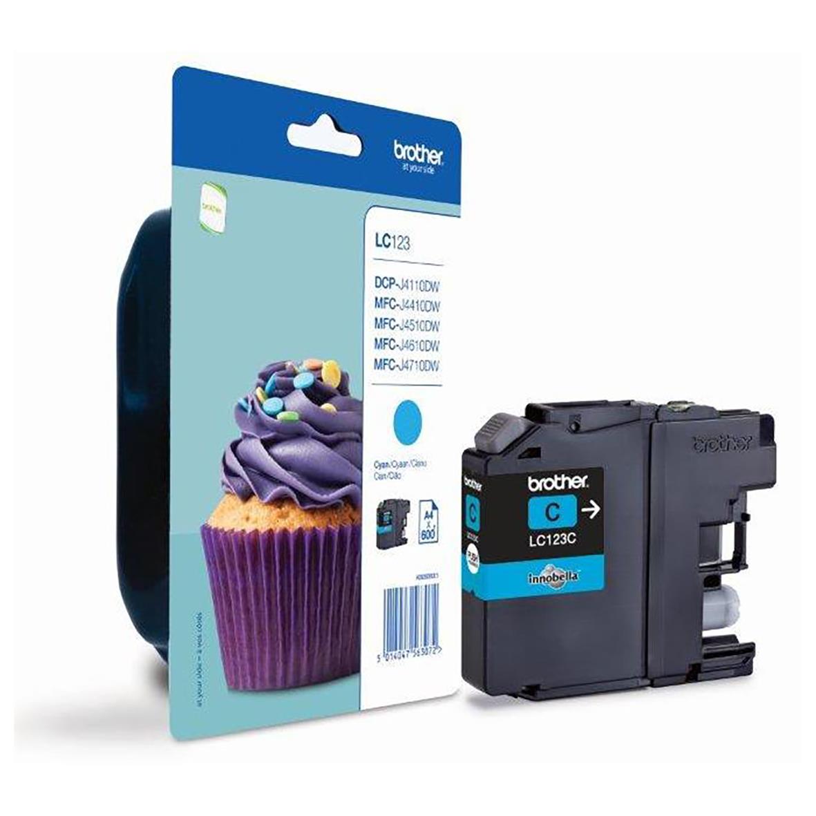Bläckpatron Brother LC123C Cyan för 600 sidor, med bild av patron och cupcake