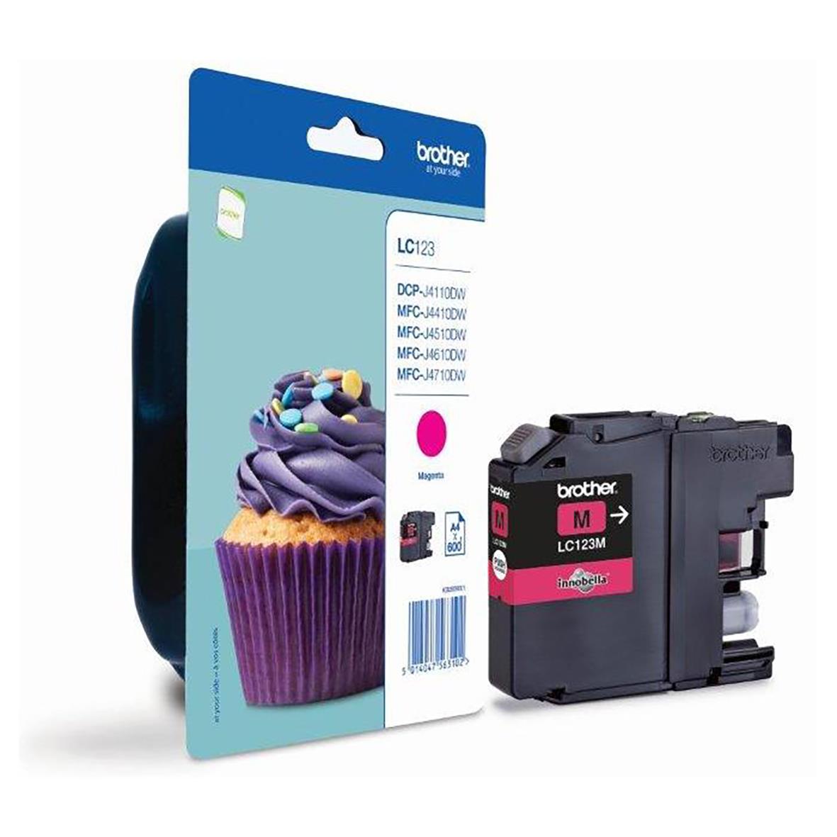 Magenta bläckpatron Brother LC123M för 600 sidor, i förpackning med bläckpatron och cupcake-bild