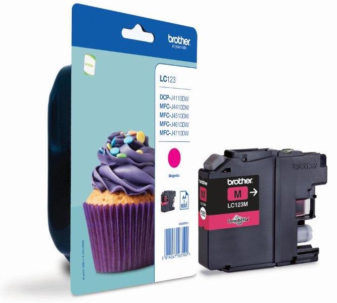 Magenta bläckpatron Brother LC123M för 600 sidor, i förpackning med bläckpatron och cupcake-bild