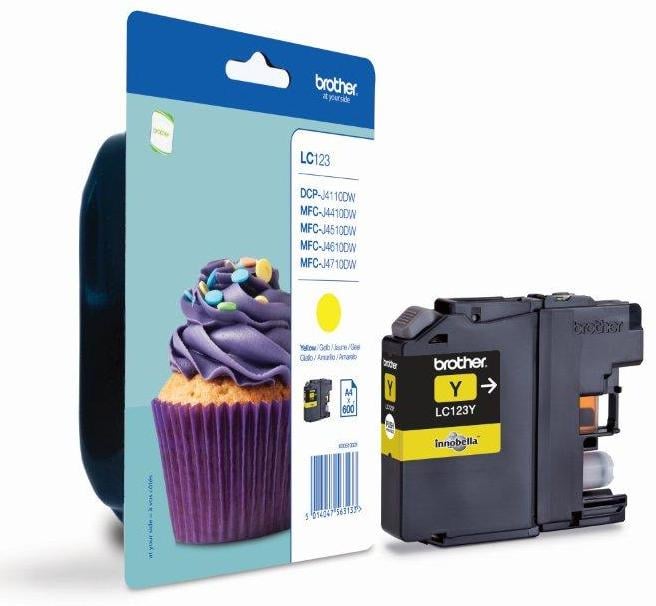Gul bläckpatron Brother LC123Y för 600 sidor, visas med förpackning och skrivare