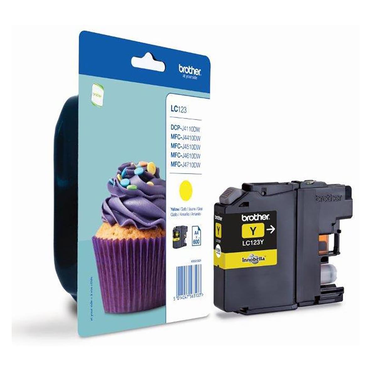 Gul bläckpatron Brother LC123Y för 600 sidor, visas med förpackning och skrivare