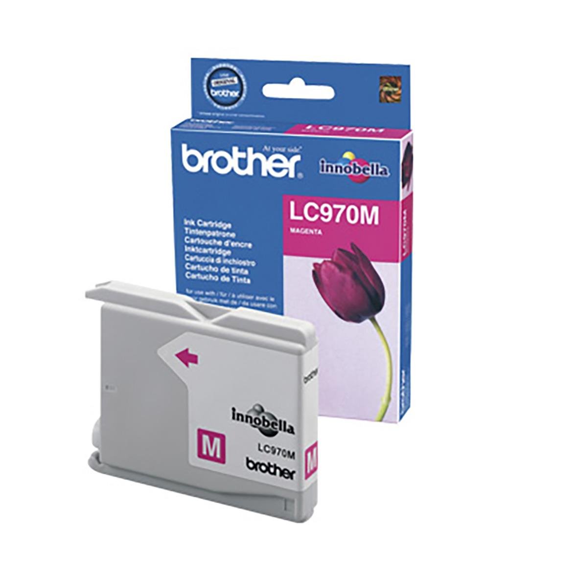 Magenta bläckpatron Brother LC970M i förpackning med blå och rosa design