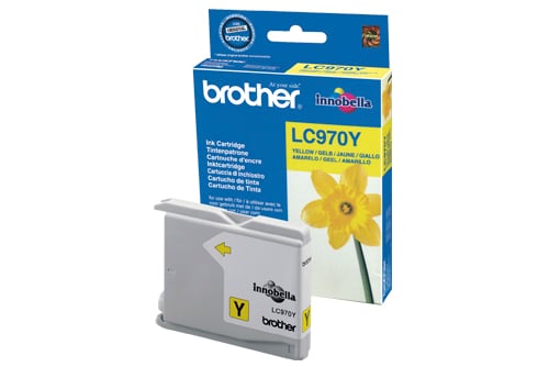 Gul bläckpatron Brother LC970Y i förpackning med blå och gula etiketter