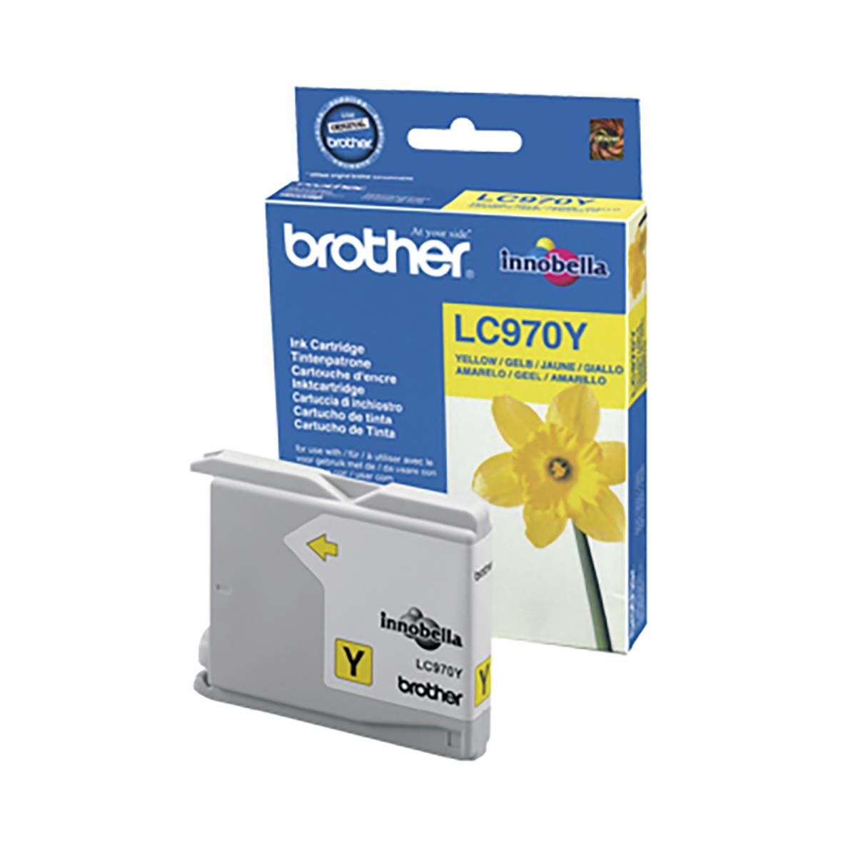 Gul bläckpatron Brother LC970Y i förpackning med blå och gula etiketter