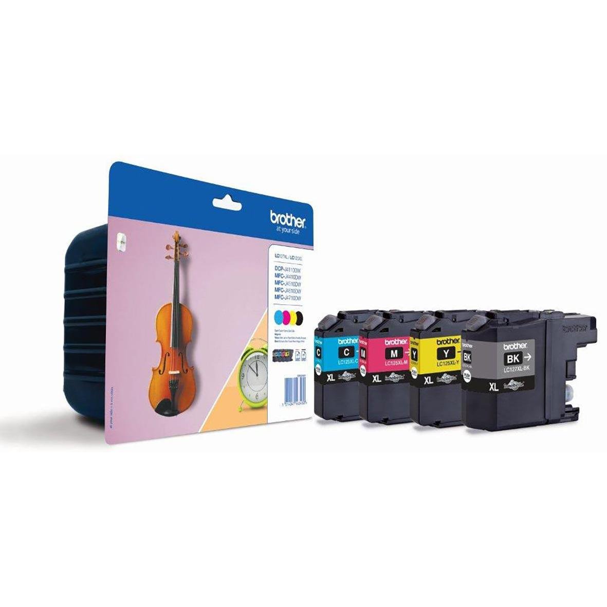 Brother bläckpatron värdepack LC127XLVALBP med svarta, cyan, magenta och gul färg, samt en väska med en fiol och ett klocka.