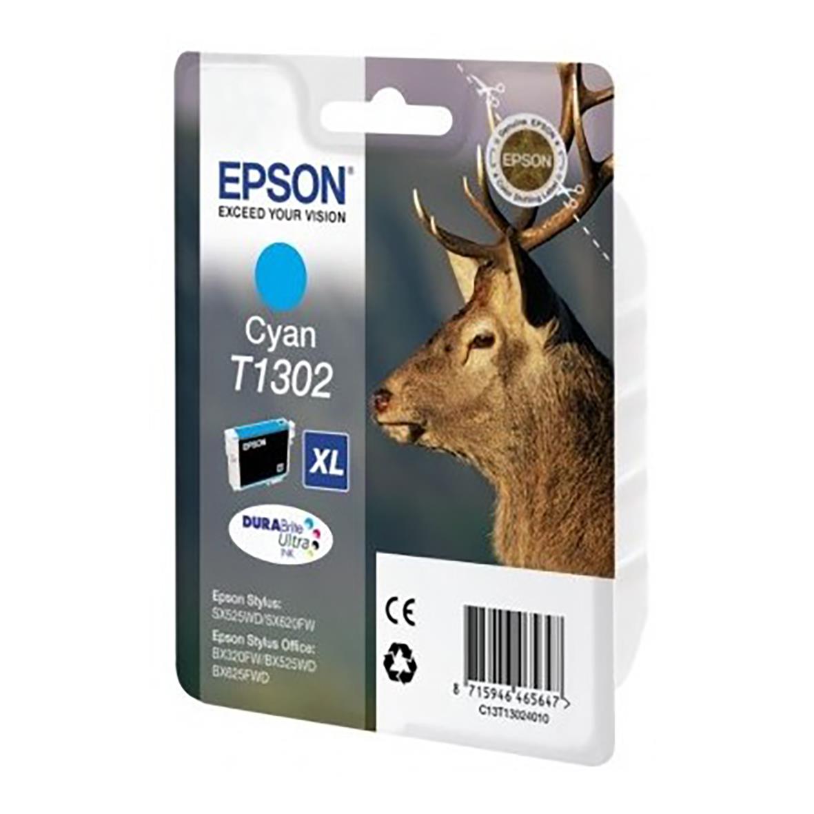 Bläckpatron Epson T1302 Cyan med bild av älg och Epson-logga