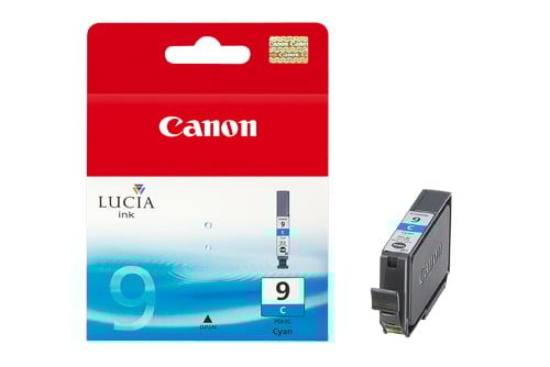 Bläckpatron Canon PGI-9C Cyan i förpackning med bläckpatronen bredvid
