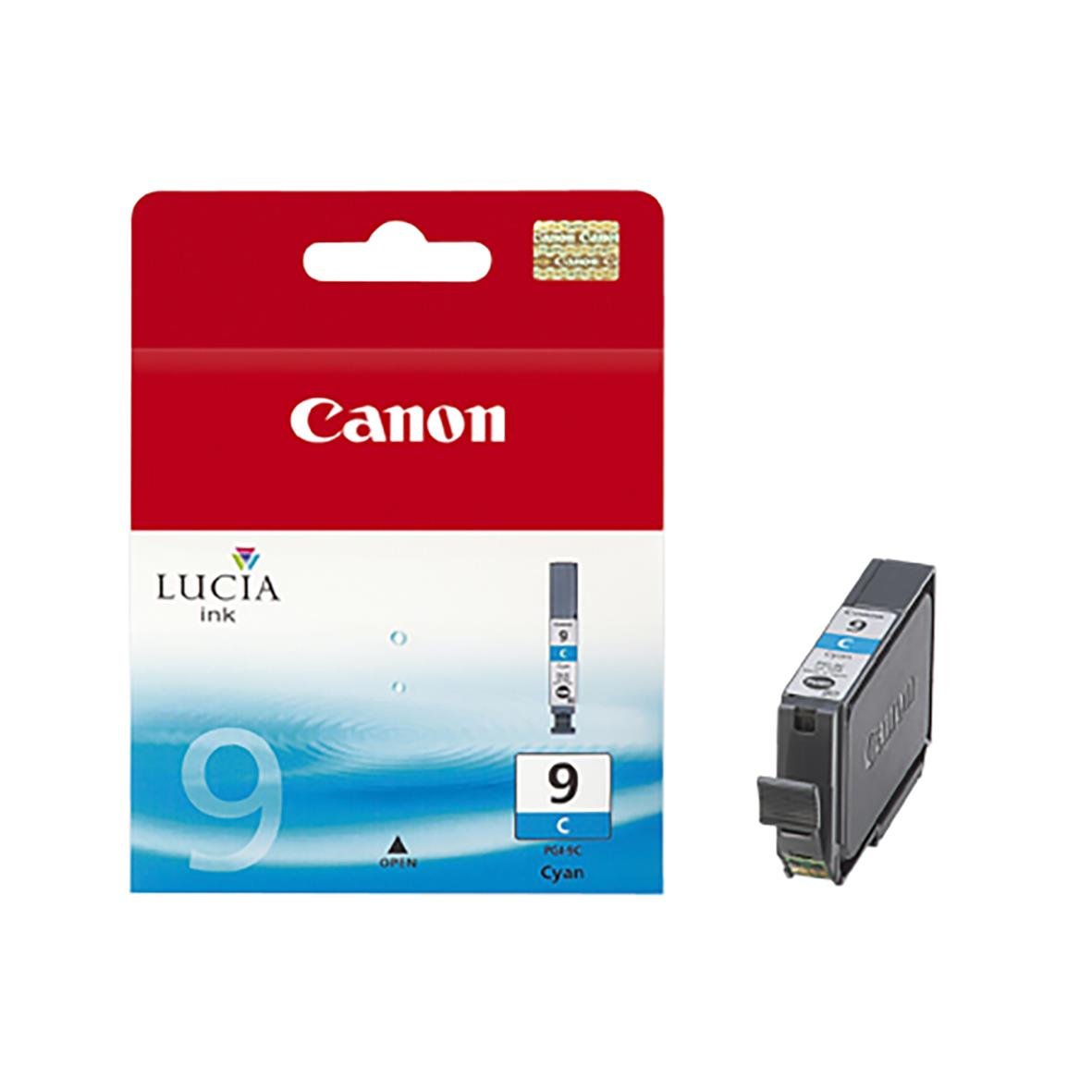 Bläckpatron Canon PGI-9C Cyan i förpackning med bläckpatronen bredvid