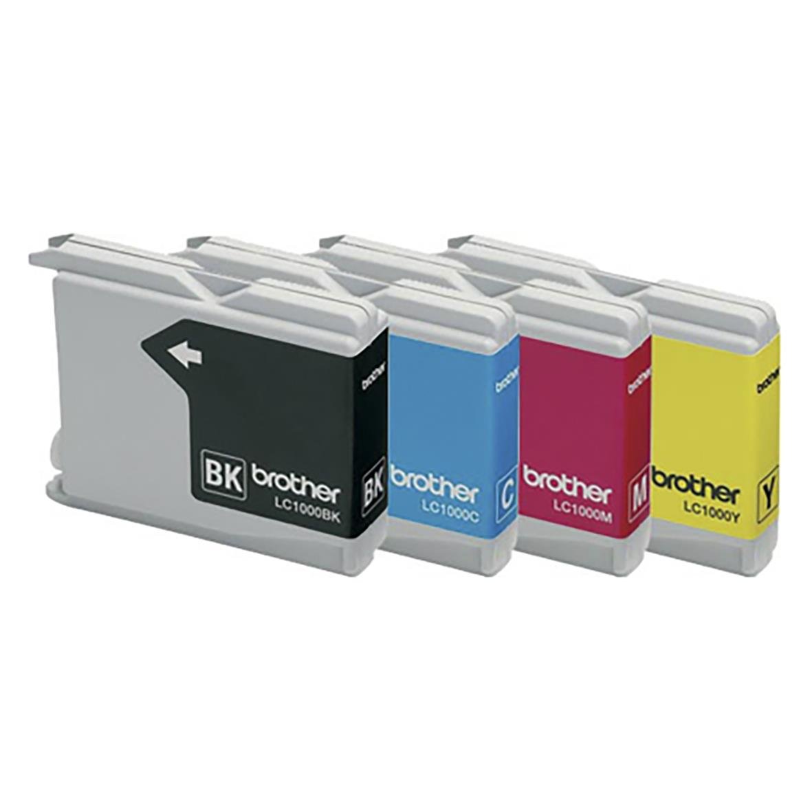 Fyra bläckpatroner i olika färger för Brother skrivare, inklusive svart, cyan, magenta och gul, i en packning