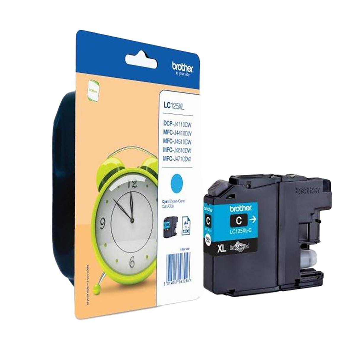 Bläckpatron Brother LC125XLC Cyan för 1200 sidor, visas med förpackning och patron