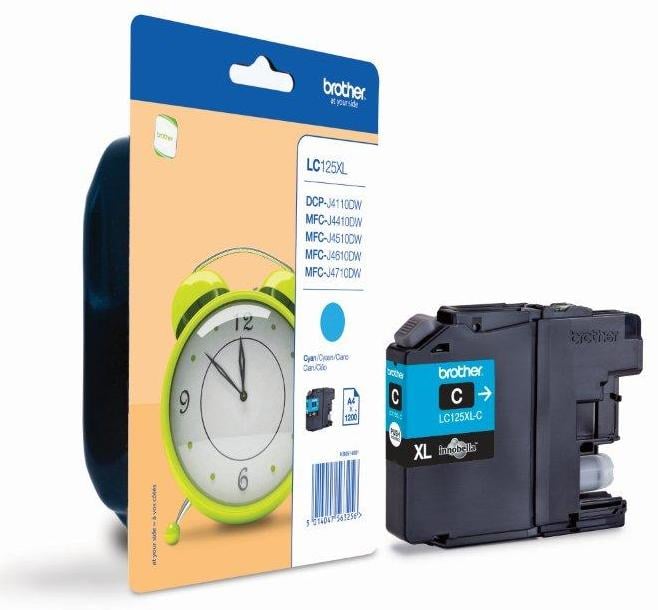 Bläckpatron Brother LC125XLC Cyan för 1200 sidor, visas med förpackning och patron
