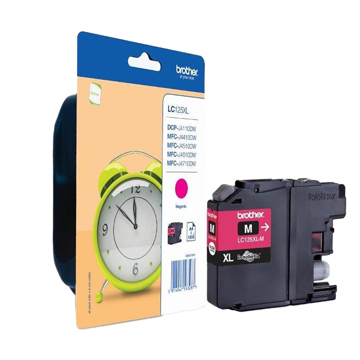 Bläckpatron Brother LC125XLM Magenta för 1200 sidor, visas tillsammans med förpackning och skrivare