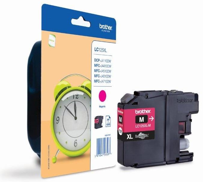 Bläckpatron Brother LC125XLM Magenta för 1200 sidor, visas tillsammans med förpackning och skrivare