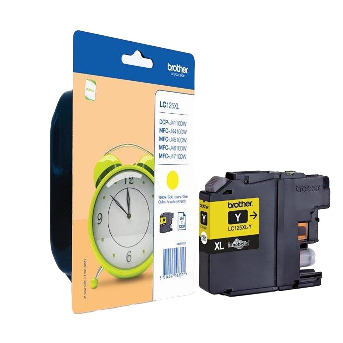Gult bläckpatron Brother LC125XLY för 1200 sidor, visas med förpackning och skrivare