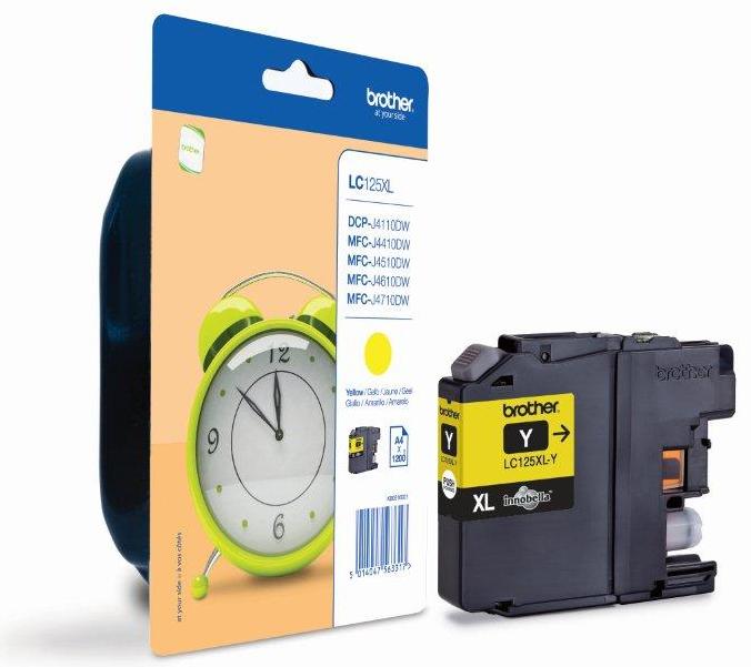 Gult bläckpatron Brother LC125XLY för 1200 sidor, visas med förpackning och skrivare