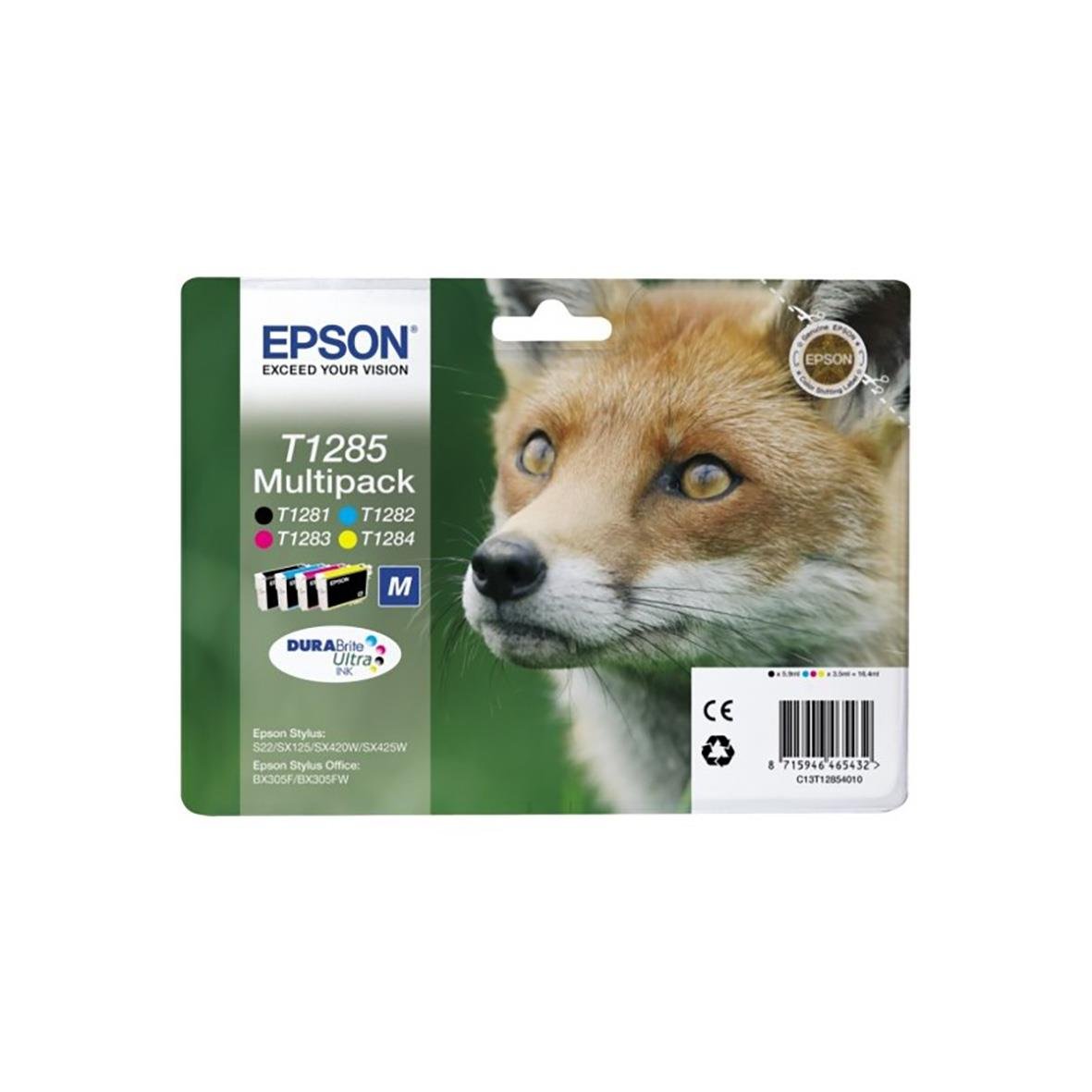 Epson bläckpatron T1285 med fyra färger och hundbild på förpackningen