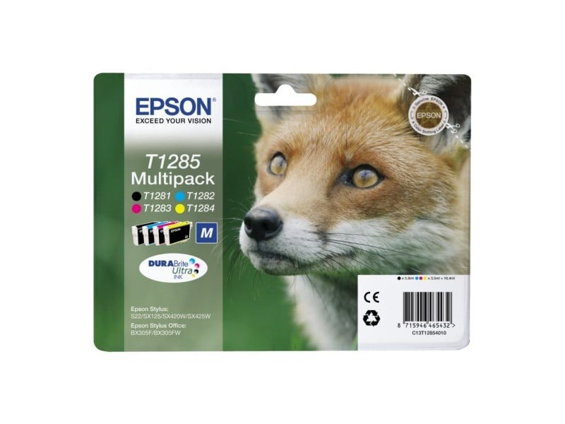 Epson bläckpatron T1285 med fyra färger och hundbild på förpackningen