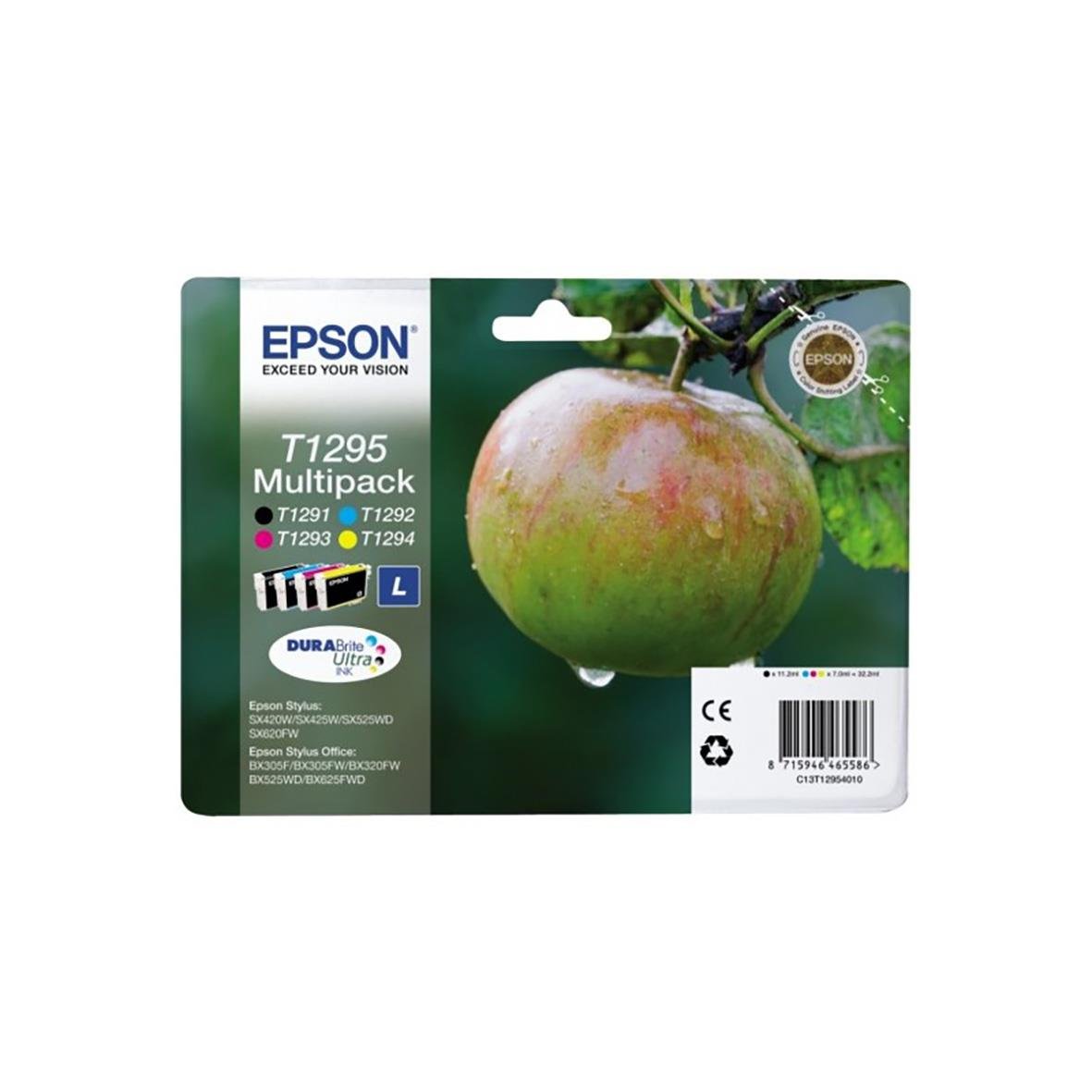 Epson T1295 fyrfärgad bläckpatron i förpackning med äpple på etiketten