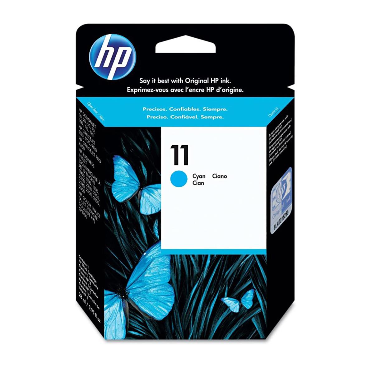 HP bläckpatron No11 cyan för 2000 sidor med blå fjärilar på förpackningen