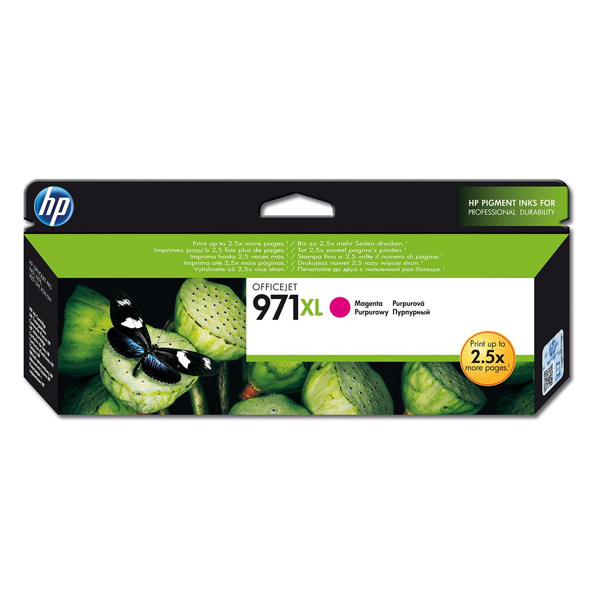 Magenta HP 971XL bläckpatron för skrivare med upp till 6600 sidor, förpackning med grönt och svart design