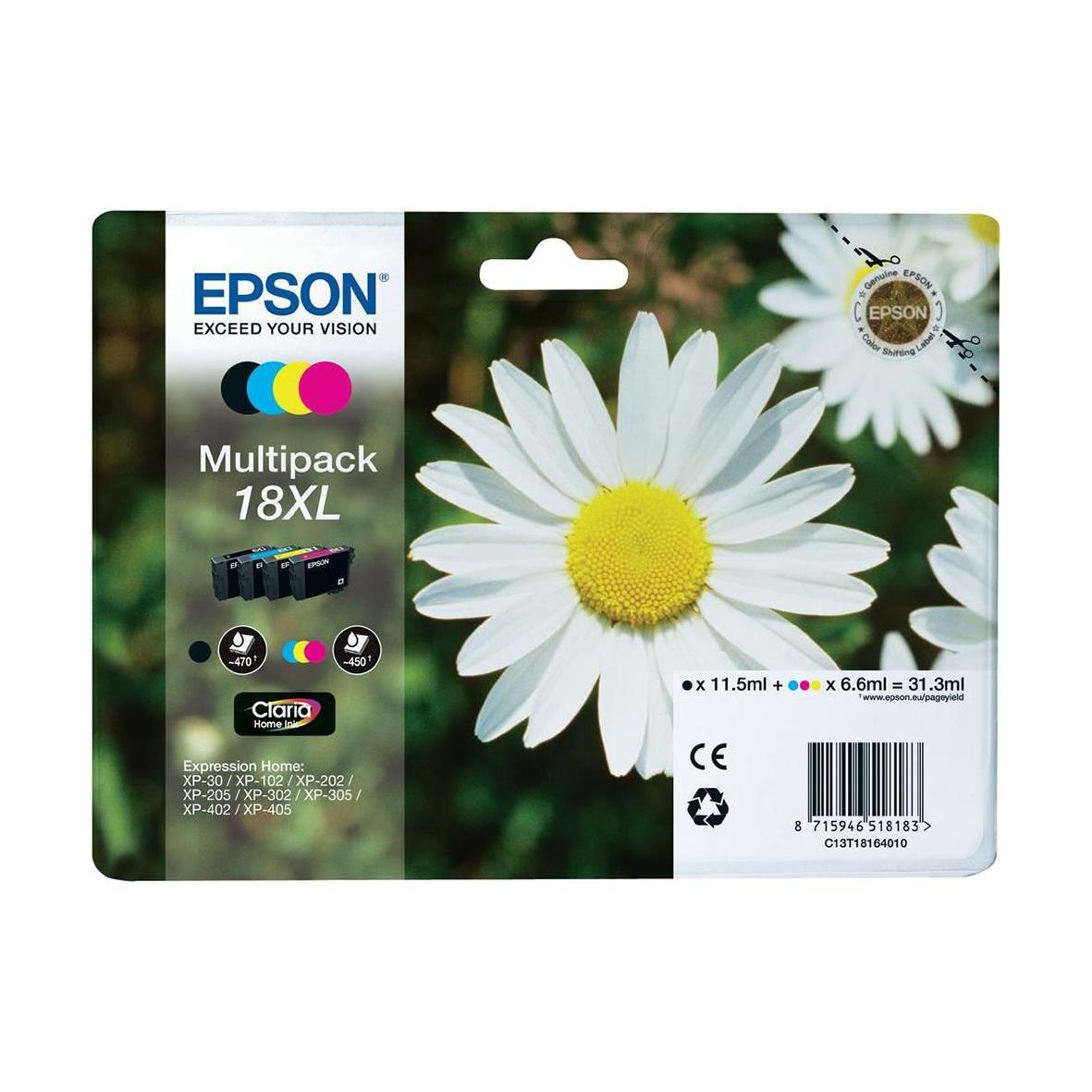 Epson 18XL bläckpatron med fyra färger och blomsterbild på förpackningen