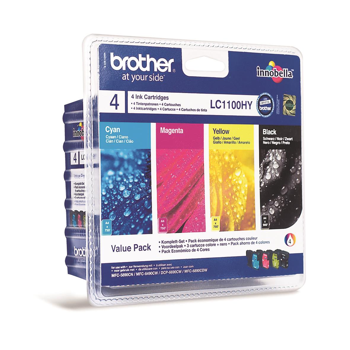Brother bläckpatron Valuepack LC1100HYVALBPDR med cyan, magenta, gul och svart bläck i förpackning