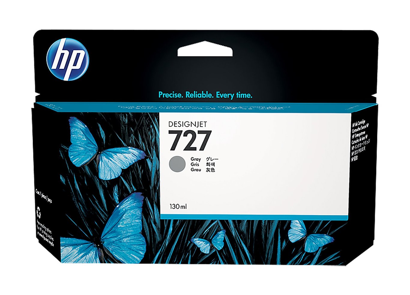HP bläckpatron 727 130ml B3P24A i grå färg med blå fjärilar på förpackningen