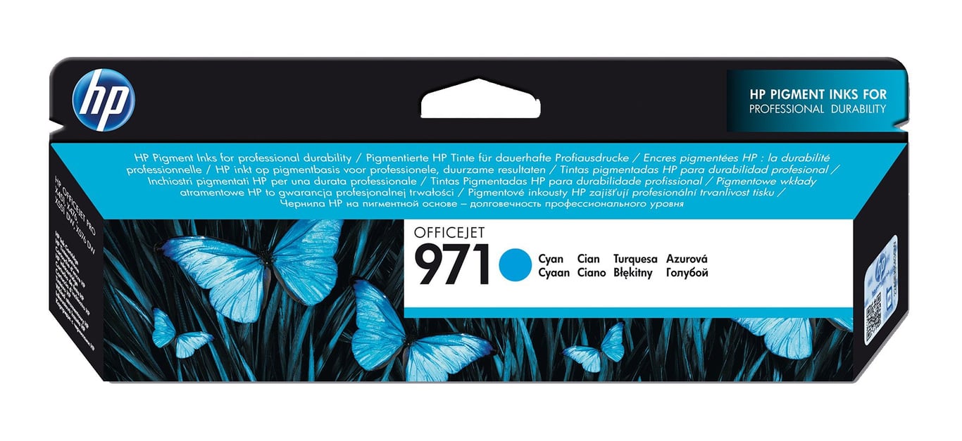 Bläckpatron HP No971 CN622AE Cyan med blå fjärilar och blommor på förpackningen