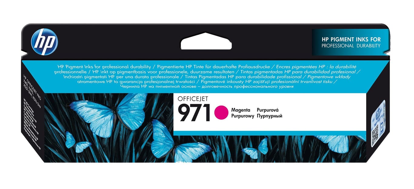 Magenta bläckpatron HP No971 CN623AE i förpackning med blå fjärilar på förpackningen