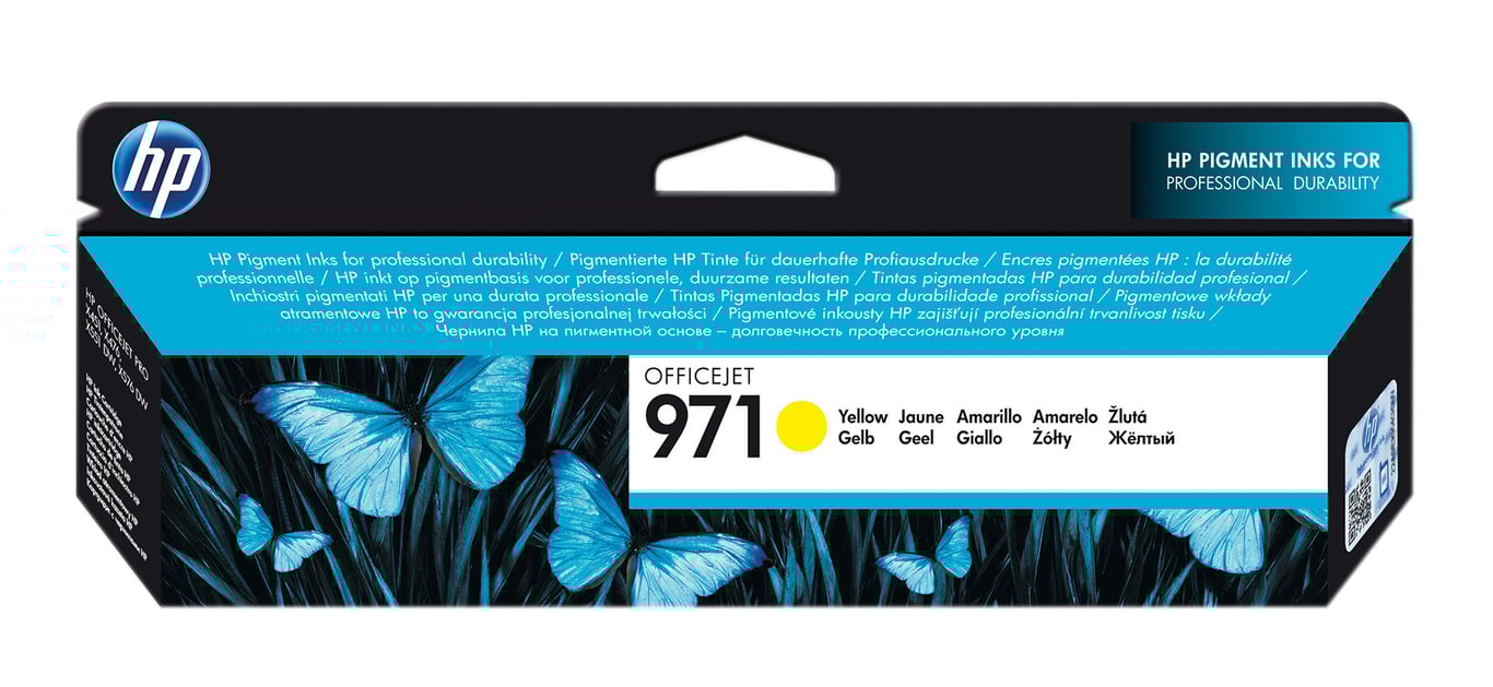 HP No971 gul bläckpatron i förpackning med blå och gröna bladmönster