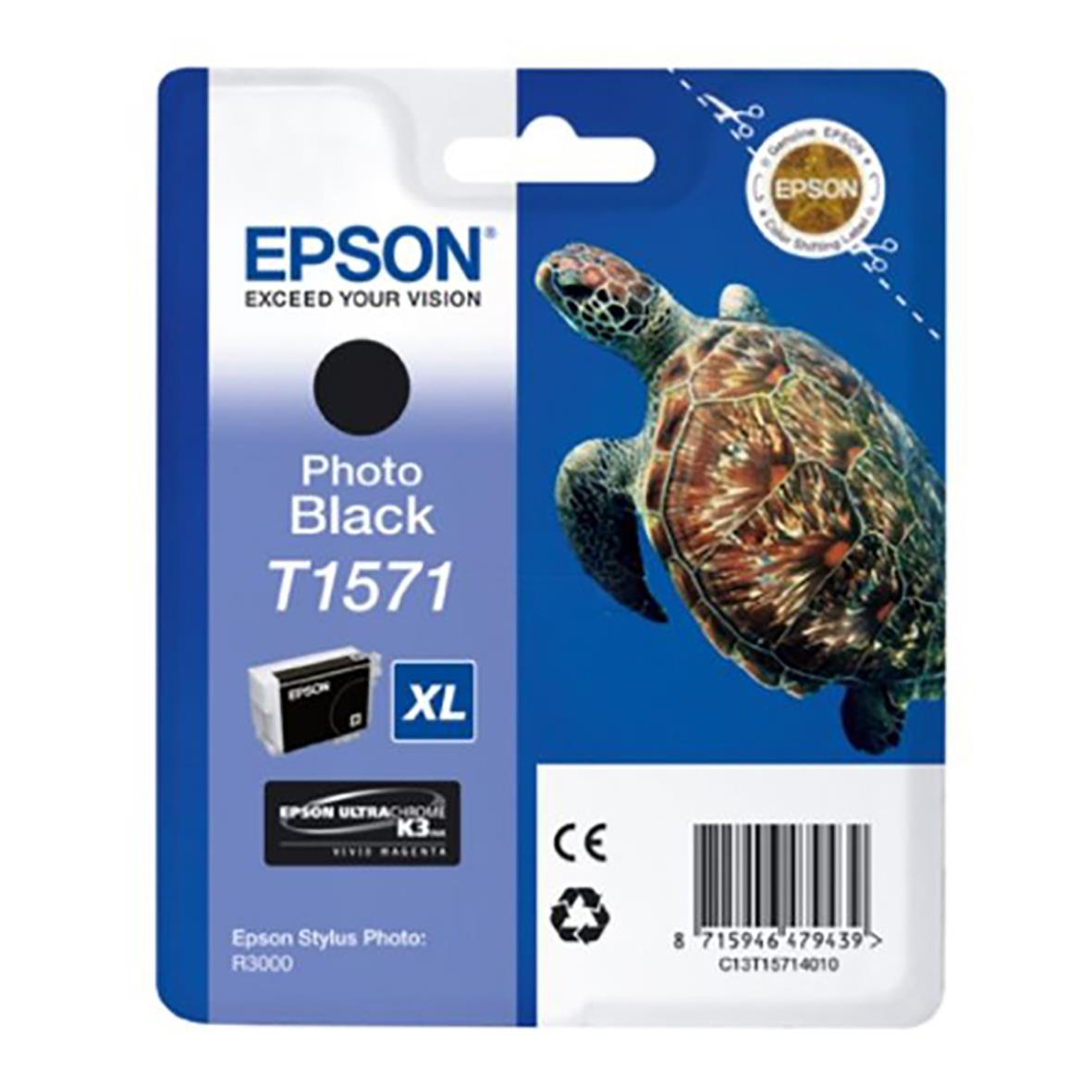 Epson T1571 svart bläckpatron med bild av en sköldpadda på förpackningen
