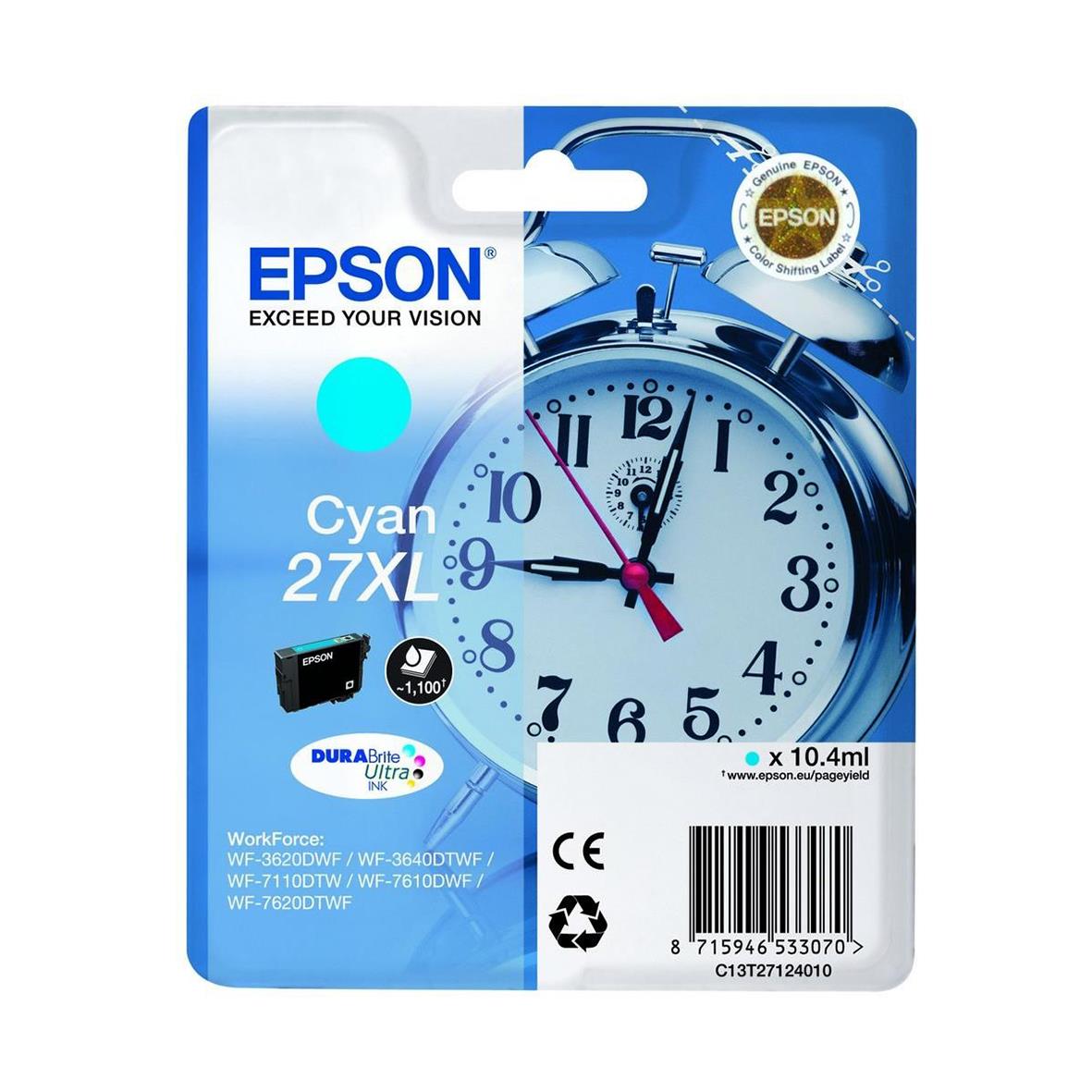 Bläckpatron Epson C13T27124010 Cyan 27XL med blå klocka och skrivare