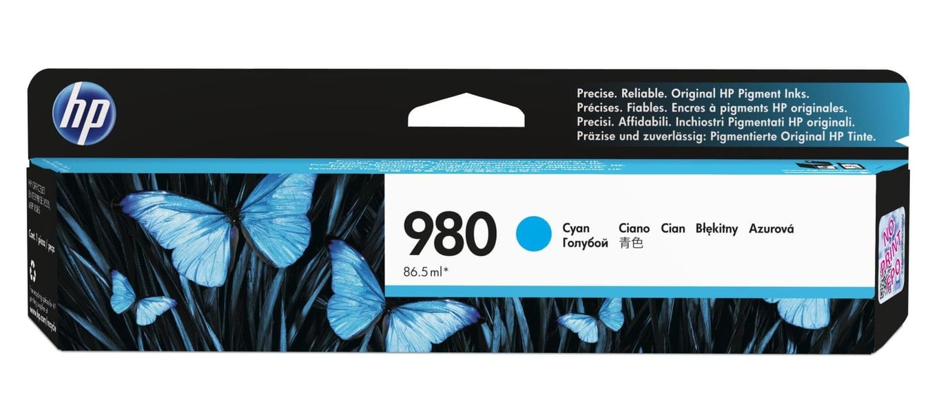 HP 980 cyan bläckpatron med plats för 6600 sidor, blå fjäril och blad på förpackningen