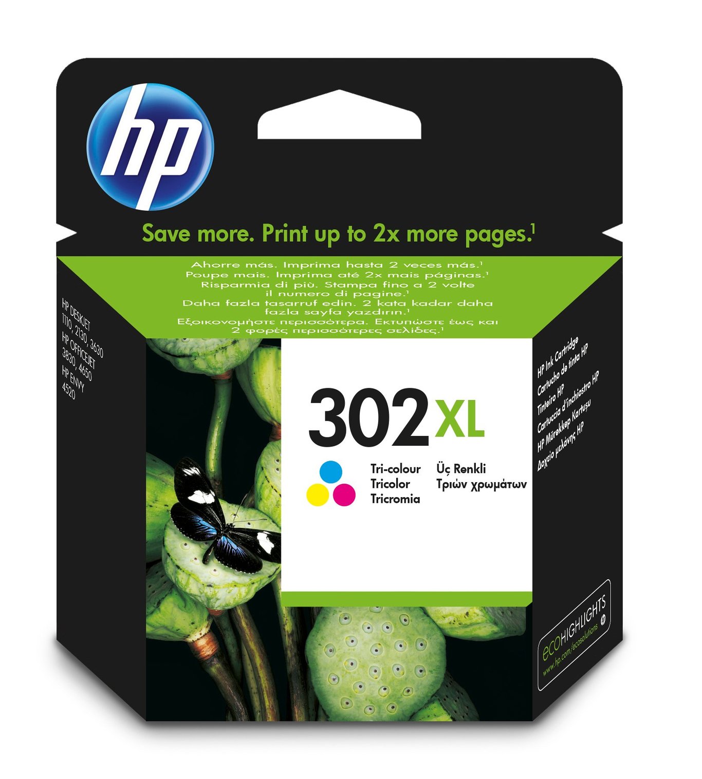 HP 302XL bläckpatron för färgskrivare, 330 sidor, tre färger, förpackning med svart bakgrund och grönt och vitt etikett